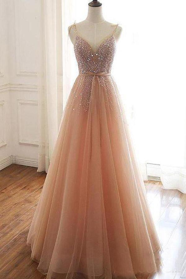 Luolandi A Line Lace Back Straps Tulle Sequins Prom Dresses Floor Length Sparkly